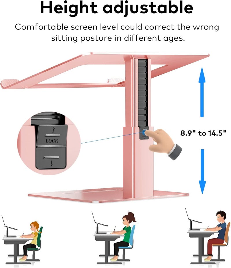 VECOFO Laptop Stand for Desk, Ergonomic Aluminum Laptop Stand Adjustable Height from 7-15", Sitting and Standing Laptop Riser for 10-17" Notebook (Rose Pink) - Image 5